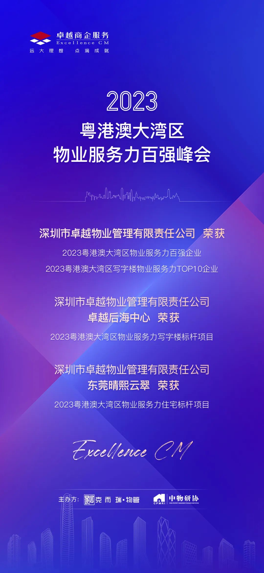 鸿运国际 - 鸿运国际商企效劳集团荣获「2023粤港澳大湾区写字楼物业效劳力TOP1企业」等四项大奖